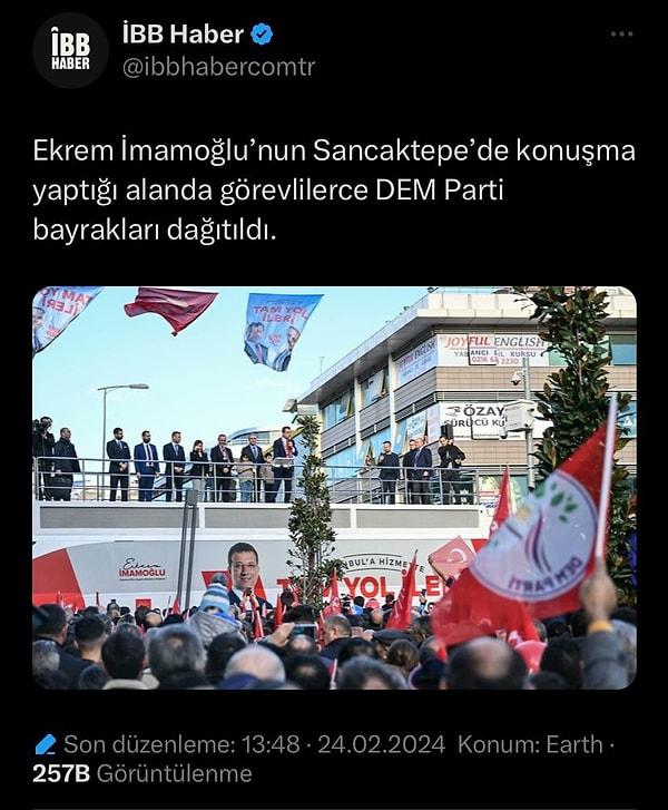Yapılan paylaşımda Ekrem İmamoğlu'nun Sancaktepe'deki mitinginde görevliler tarafından DEM Parti bayraklarının dağıtıldığı iddia edildi.