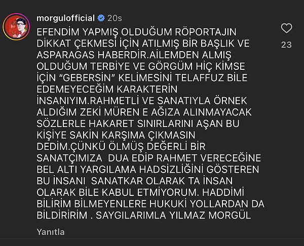 Yılmaz Morgül'ün "İşte gerçek açıklamam" diyerek yaptığı açıklamanın tamamını da buradan okuyabilirsiniz👇