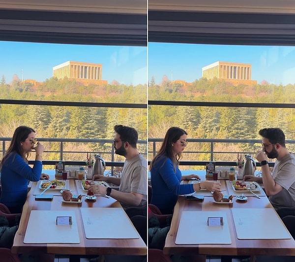 Anıtkabir'e karşı kahvaltı yapan çift o anları ise, 'Dünyanın en güzel manzaralı kahvaltısı' diyerek paylaştı.