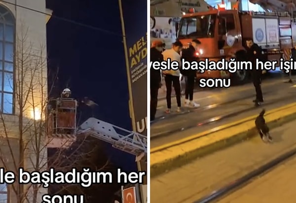 İtfaiye görevlisi tarafından alkışlar eşliğinde kurtarılan kedi, bir anda görevlinin elinden kurtularak aşağı atladı.