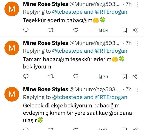 Recep Tayyip Erdoğan'ın tweetlerine cevap veren kullanıcı, Cumhurbaşkanı'na 'babacığım' diye sesleniyor.