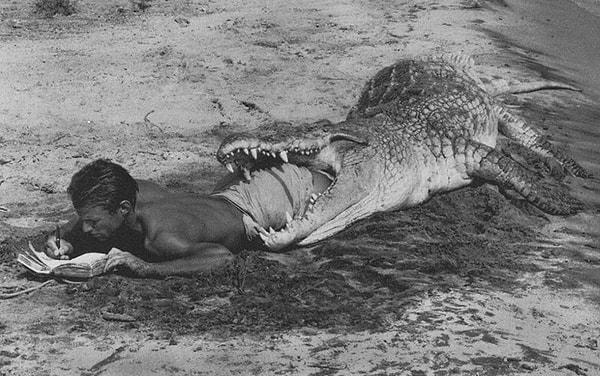 8. Sanatçı Peter Beard, 1968'de Kenya'da bacakları timsahın ağzındayken günlüğüne yazıyor.