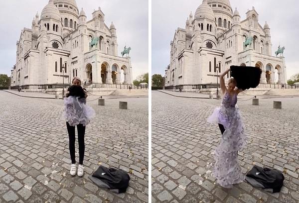 Harika elbisesiyle, tarihi bir yapının önünde poz vermek için elbisesini fotoğrafın çekileceği alana kadar saklamak için kullandığı yöntem, izleyenleri bir miktar hayal kırıklığına uğrattı.