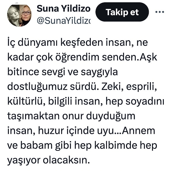 Yıldızoğlu eski eşinin soyadını taşımaktan hep onur duyduğunu, aşkları bitse de sevgi ve saygılarının sürdüğünü yazdı.