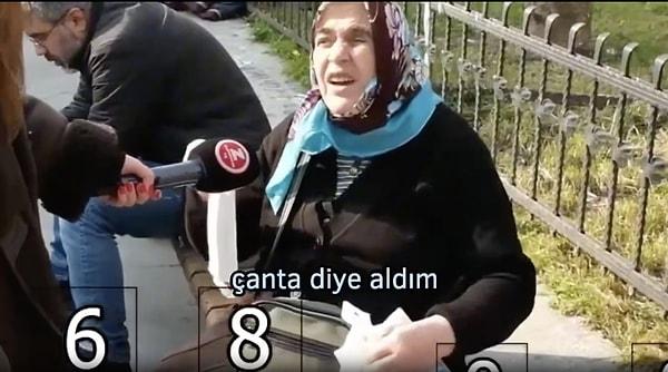 Oy vereceği ismin Ekrem İmamoğlu olduğunu açıklayan kadın, elindeki İYİ Parti eşantiyonu sorulunca "Çanta diye aldım" cevabını verdi.