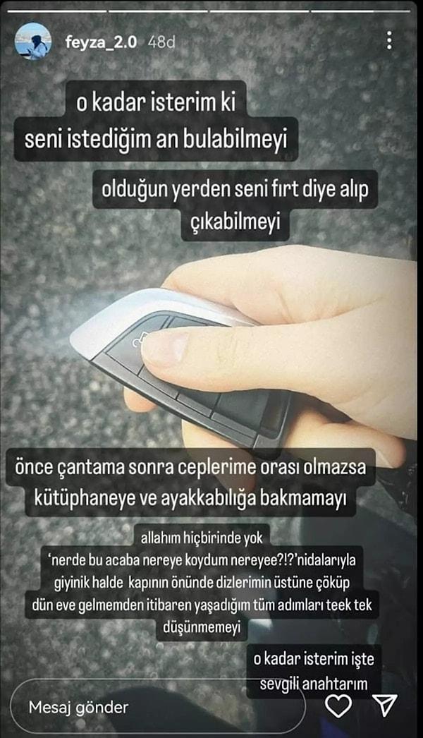 Sosyal medya hesabından aracının anahtarının fotoğrafını paylaşan Erbaş, altına da şiirden hallice bir açıklama yazdı.