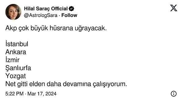 Saraç'ın "AKP buralarda büyük hüsrana uğrayacak" dediği paylaşımı: