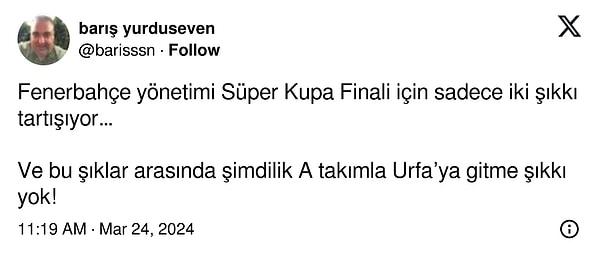 TRT Spor muhabiri Barış Yurduseven ise Fenerbahçe'nin Süper Kupa maçına U19 takımıyla çıkacağını iddia etti.