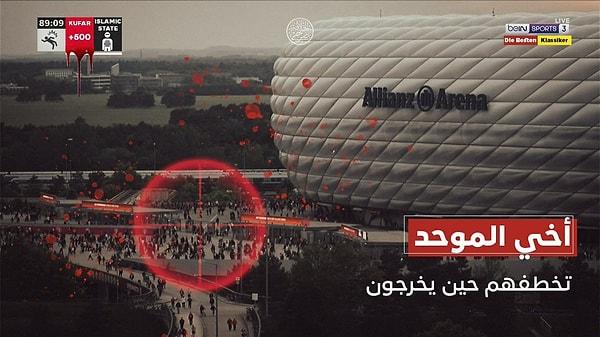 IŞİD’in Sarh al Khalifah isimli medya hesabından paylaşılan görselde, Bayern Münih stadyumu önündeki taraftarlar hedefe kondu.