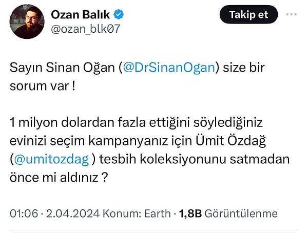 Gazeteci Ozan Balık da Oğan'a "Evinizi Ümit Özdağ tesbih koleksiyonunu satmadan önce mi aldınız?" sorusunu sordu.