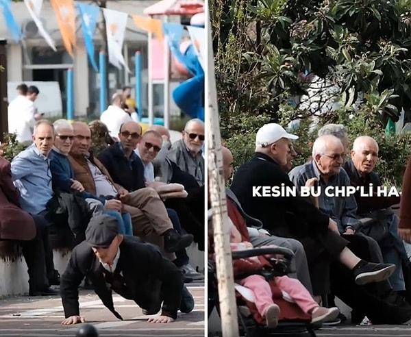 Yaşlı insanların önünde şınav çeken Abdullah Çelik'e dayılardan birisi, 'Kesin bu CHP'li ha' dedi.  O anlar da viral oldu.