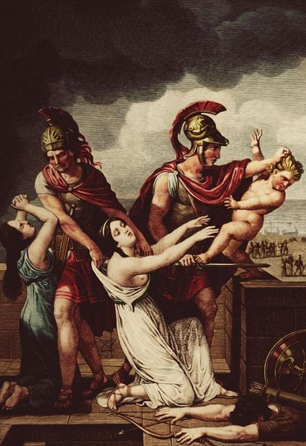 Hecuba is forced to witness her grandson's fall from a high tower.