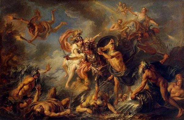 Achilles battles a river after slaughtering enough men to dam it.