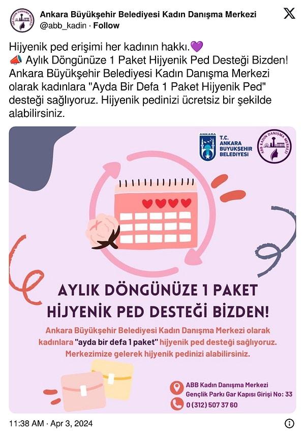 Ankara'da artık kadınlar hijyenik pede de ücretsiz erişebilecekler.