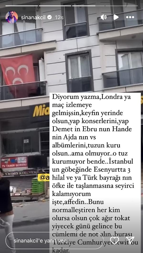 Akçıl, Van'daki olaylardan sonra geçtiğimiz gün Esenyurt'ta Dem Partili olduğu iddia edilen bir grubun, Türk Bayrağı ve MHP Bayrağı bulunan evleri taşlamasına tepki gösterdiği bir paylaşımda bulundu.