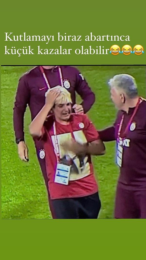 Teknik direktör Okan Buruk'un oğlu Ali Yiğit Buruk, başını tuttuğu fotoğrafla merak uyandırdı. Maçın ardından paylaşımda bulunan Buruk, "Kutlamayı biraz abartınca böyle kazalar olabilir" dedi.