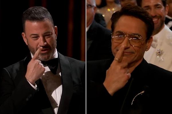 Sunucu Kimmel o gece hemen hemen her şeyle dalga geçmişti ancak tatsız şakalarından en ağırı da Downey Jr.'a yönelikti. Açılış monologu sırasında Kimmel, Downey'nin madde bağımlılığı geçmişine atıfta bulunarak "Bu Robert Downey Jr.'ın kariyerinin en yüksek noktası... Yani en yüksek noktalarından biri" şakasını yapmıştı.