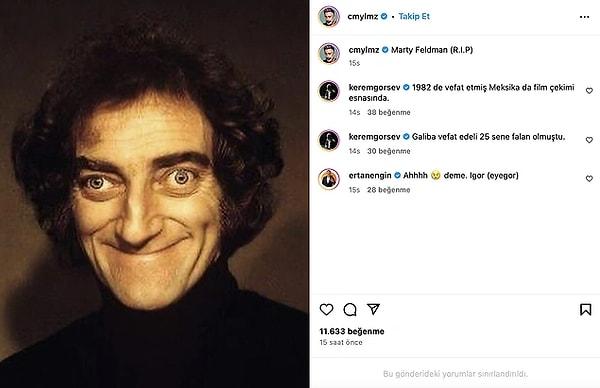 Yılmaz'ın 1982'de vefat eden komedyen Marty Feldman'in fotoğrafını, Serenay Sarıkaya'nın oldukça derin dekoltesi gündem olduktan sonra paylaşması kimilerine göre fazla manidar bulundu.
