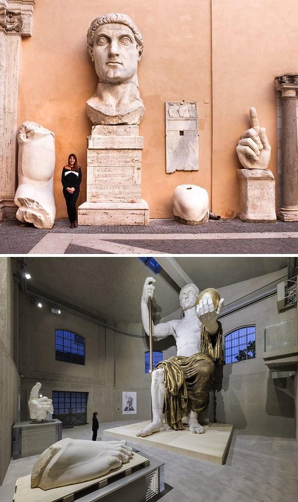 12. Fotoğrafta görülen heykel asıl olarak Roma'daki Maxentius Bazilikası'nın batı apsisinde bulunan ve Büyük Konstantin'i tasvir eden 4. yüzyılın başlarından kalma bir heykel olan Konstantin Colossus'un hayatta kalan parçalarıdır. Heykel Colossus, Milano'daki Fondazione Prada'da 12 metre yüksekliğinde yeniden inşa edildi.