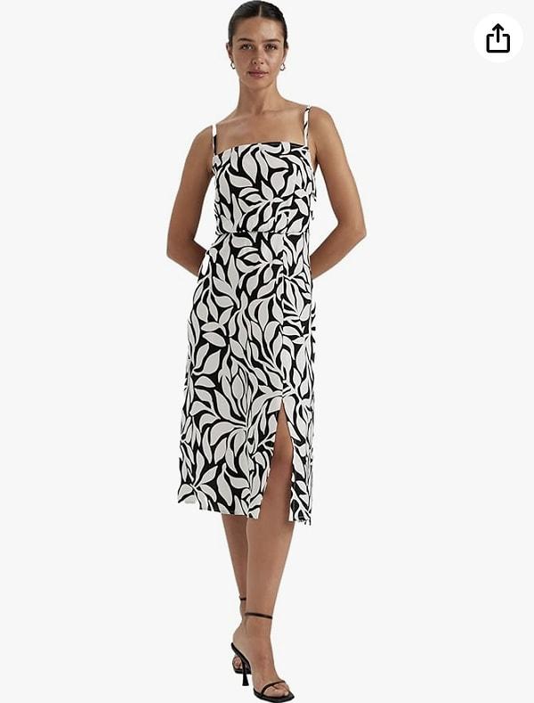 10. DeFacto Kadın Slim Fit Desenli İp Askılı Beli Büzgülü Yırtmaçlı Midi Elbise