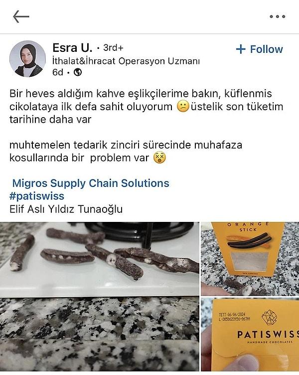 Geçtiğimiz günlerde sosyal medyada paylaşılan bir gönderide Esra U. isimli bir kişi, marketten aldığı Patiswiss marka çikolatanın küflenmiş olduğunu iddia ederek, şikayette bulundu.