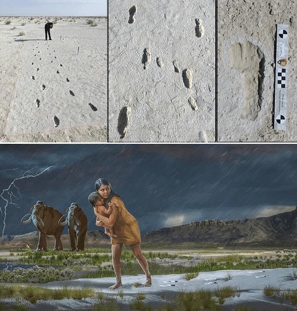 9. 10.000 yıldan daha uzun bir süre önce, bir kadın ya da genç bir erkek, yürümeye başlayan bir çocuğu taşıyarak aynı yöne doğru en az birkaç saat arayla iki yolculuk yapmıştır. Bugün New Mexico'daki White Sands Ulusal Parkı'nda bulunan bu izler 1,5 km boyunca uzanıyor ve 400'den fazla insan izinden oluşuyor.