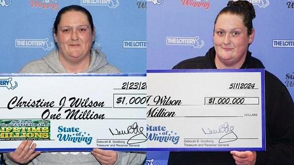 Massachusetts Eyaleti Piyango İdaresi, Attleborough kentinde Christine Wilson adındaki kadının 10 hafta içinde aldığı iki bilete de 1'er milyon dolarlık ikramiye vurduğunu duyurdu.