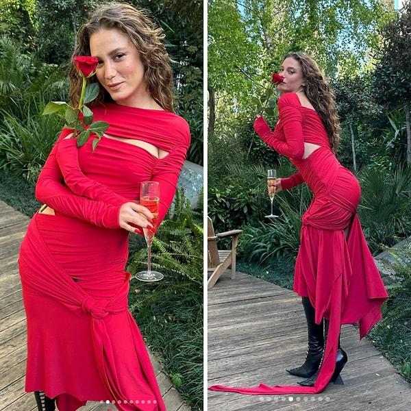 Instagram hesabından evinin bahçesinde çektiği gala öncesi pozlarını paylaşan Serenay Sarıkaya, dillere fena düştü.
