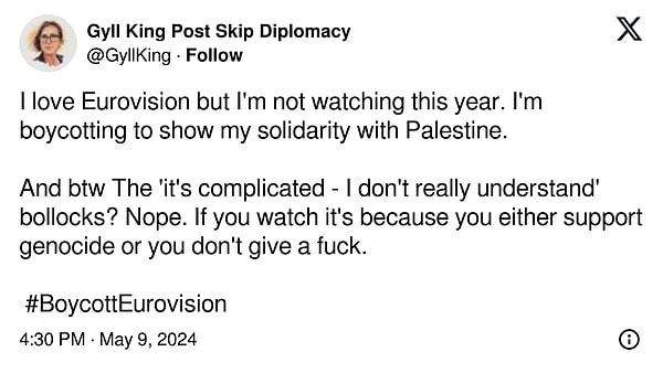 "Eurovision'u seviyorum ama bu sene izlemiyorum. Filistin'le dayanışmamı göstermek için boykot ediyorum."