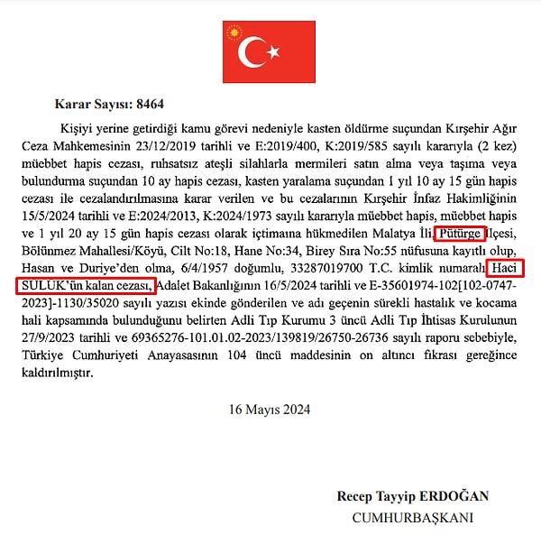 Cumhurbaşkanı Recep Tayyip Erdoğan imzasıyla Resmi Gazete’de yer alan kararlarda, cezaevinde bulunan bazı tutukluların cezalarının affedilmesi yer aldı.