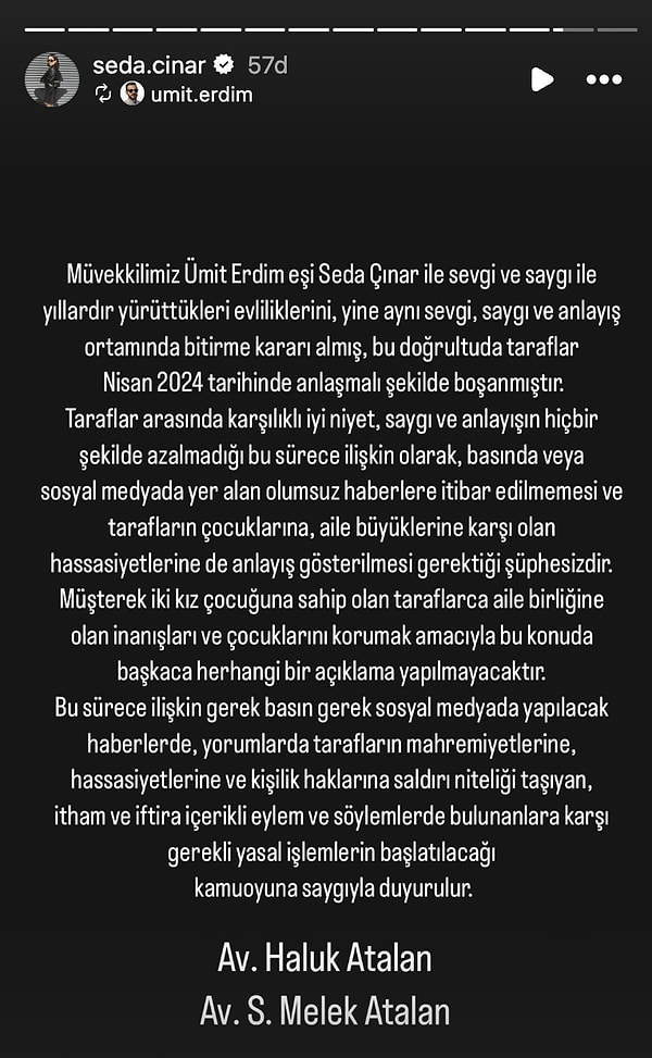 Ünlü ikilinin avukatlarından gelen açıklama doğrultusunda Ümit Erdim ile Seda Çınar'ın nisan ayında evliliklerini karşılıklı olarak sonlandırdıkları ortaya çıktı.