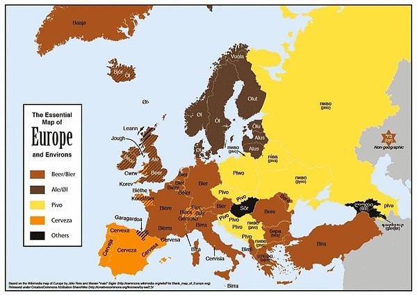 Europe divided into four categories based on the word for beer.