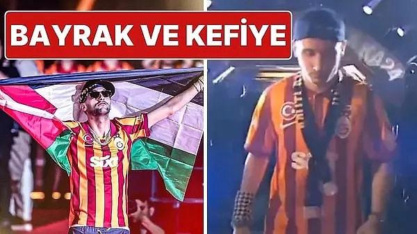 Galatasaray’ın RAMS Park’taki 24. Şampiyonluk kutlamasında sarı kırmızılı takımın Faslı futbolcusu Hakim Ziyech sahaya Filistin bayrağı ile çıktı. Milli futbolcu Kerem Aktürkoğlu ise kolunda kefiyeyle sahaya çıktı.
