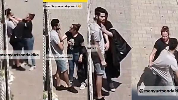Esenyurt'ta sokakta tartışan çiftin yaptığı hareketler sosyal medyada gündem oldu. Erkek arkadaşını sokakta bir duvarın önüne sıkıştıran kadın kemerle boğazını sıktı.