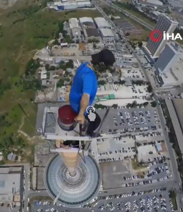 Maceracı genç 230 metre yükseklikten video çekerek izleyenlerin başını döndürmeyi de başardı.