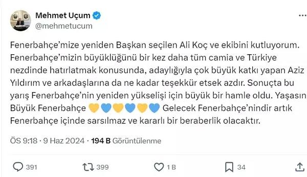 Sosyal medya hesabından yaptığı paylaşımda Koç'u tebrik eden Uçum, şu ifadeleri kullandı👇🏻