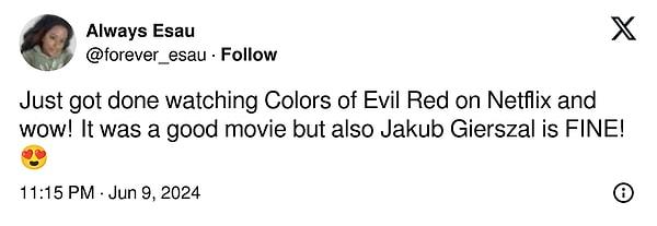 "Netflix'teki Colors of Evil: Red'i az önce bitirdim ve vay canına! İyi bir filmdi ama aynı zamanda Jakub Gierszal da güzel!"