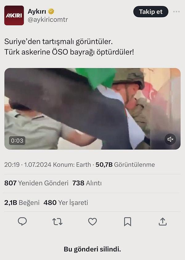 Kısa süre sonra videoyu silen Çolak’ın paylaştığı görüntülerde, “Türk askerine ÖSO Bayrağı öptürdüler” açıklaması bulunuyordu.