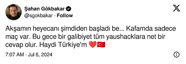 Akşamın heyecanını şimdiden iliklerine kadar hisseden isim "Kafamda sadece maç var. Bu gece bir galibiyet tüm yaushacklara net bir cevap olur. Haydi Türkiye'm ❤️ 🇹🇷" notuyla duygularını paylaştı.