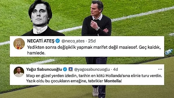 A Milli Takımımızın Hollanda ile karşılaştığı maçta teknik direktör Vincenzo Montella’nın 2-1 geriye düşene kadar oyuncu değiştirmemesi büyük tepkilere neden oldu. İşte Montella’ya yönelik tepki mesajlarından bazıları: