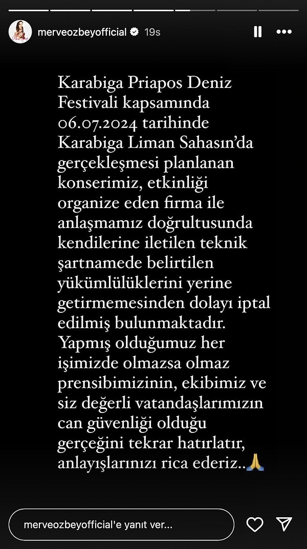 "Organizasyonun teknik şartnamede belirtilen yükümlülüklerini yerine getirmemesi" yüzünden konseri iptal ettiğini duyuran Merve Özbey'in şehri terk ettiği söylendi.