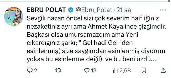 Ebru Polat, sosyal medya üzerinden yaptığı paylaşımla Öncel'in yeni şarkısını Ahmet Kaya'nın ''Gel Hadi Gel'' isimli şarkısından ''esinlendiğini'' iddia etti.