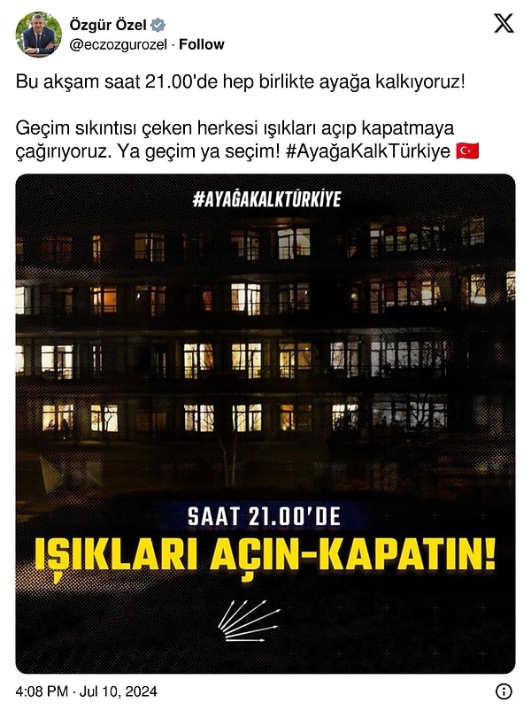 Özgür Özel'den eylemin devam etmesi bugün de sosyal medya hesabından çağrı yaptı.