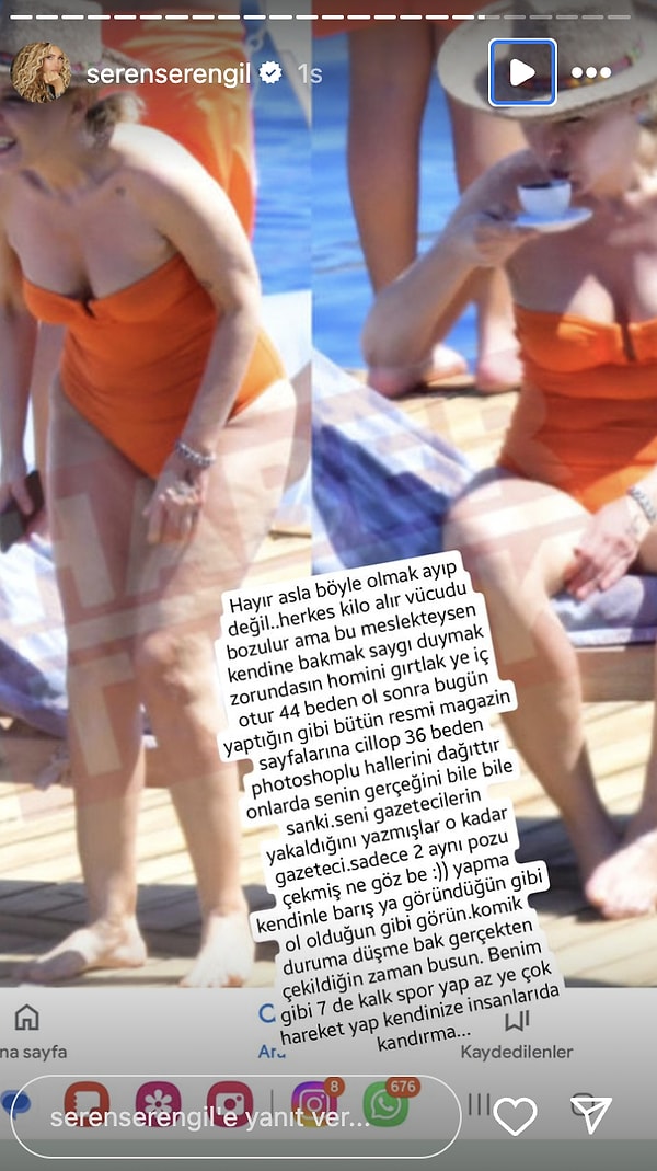 “Homini gırtlak ye, 44 beden ol, sonra bütün magazin sayfalarına cillop 36 beden Photoshoplu hallerini dağıttır. Yapma kendinle barış. Ya göründüğün gibi ol, ya da olduğun gibi görün. Komik duruma düşme. Benim gibi 7de kalk spor yap, az ye çok hareket yap. Kendinizi de insanları da kandırma!” yazan ismin sözleri görenleri şoke etti.