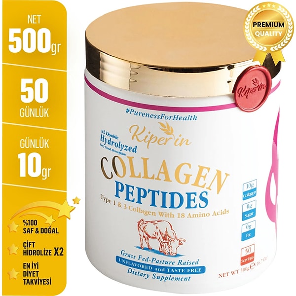 3. Kiperin Collagen %100 Saf ve Doğal Yüksek Biyoaktif ve Biyoyararlı Çift Hidrolize Edilmiş Toz Peptitleri İçeren Diyet Takviyesi Kolajen (500 gr) - 50 Günlük