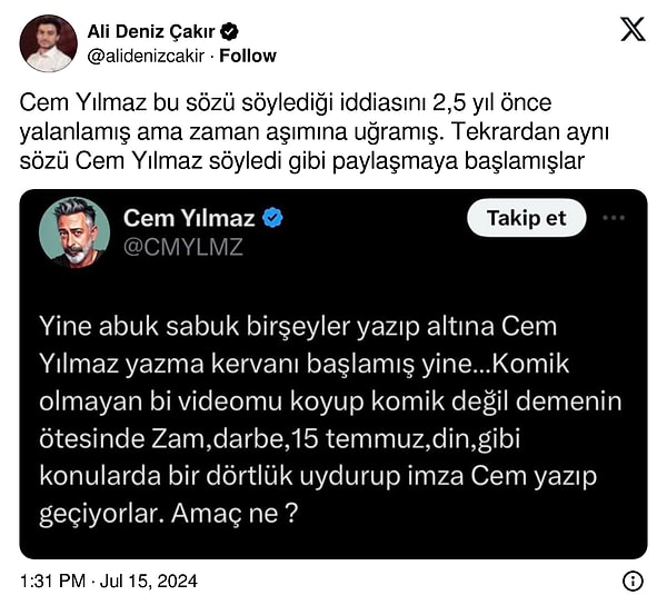 Bu durum akıllara Cem Yılmaz'ın 2022 yılında yaptığı bu açıklamasını getirdi.👇