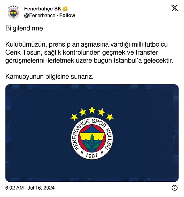 Sarı-lacivertli kulüpten yapılan açıklamada şu ifadelere yer verildi. 👇