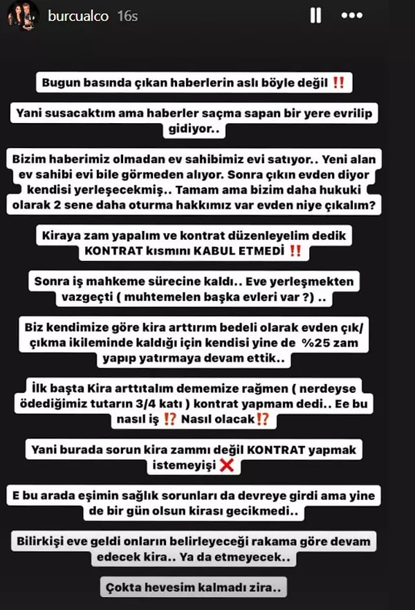 2016 yılından beri aynı evin kiracısı olan Nuri Alço, Burcu Hanım'ın iddiasına göre özetle; bu hastalık sürecinde bile kirasını aksatmamış buna rağmen ev sahibi, Alço çiftinden habersiz evi satışa çıkartmış. Detayları merak edenler için Burcu Alço'nun paylaşımı👇