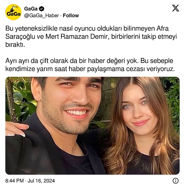 Ayrılık haberi ortalığı resmen kasıp kavururken, bir sayfanın "Bu yeteneksizlikle nasıl oyuncu oldukları bilinmeyen Afra Saraçoğlu ve Mert Ramazan Demir, birbirlerini takip etmeyi bıraktı. Ayrı ayrı da çift olarak da bir haber değeri yok. Bu sebeple kendimize yarım saat haber paylaşmama cezası veriyoruz." sözlerine Afra Saraçoğlu'nun annesi ateş püskürdü.