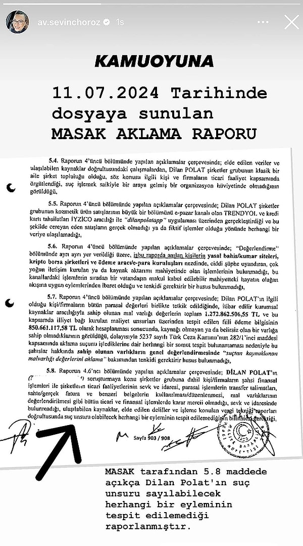 Polat çiftinin de yer aldığı şüphelilerle ilgili hazırlanan 908 sayfalık son raporda, Dilan Polat'ın ticari ve finansal işlemlerde karar yetkisinin olmadığı belirtilmiş ve tahliye beklentisi artmıştı.